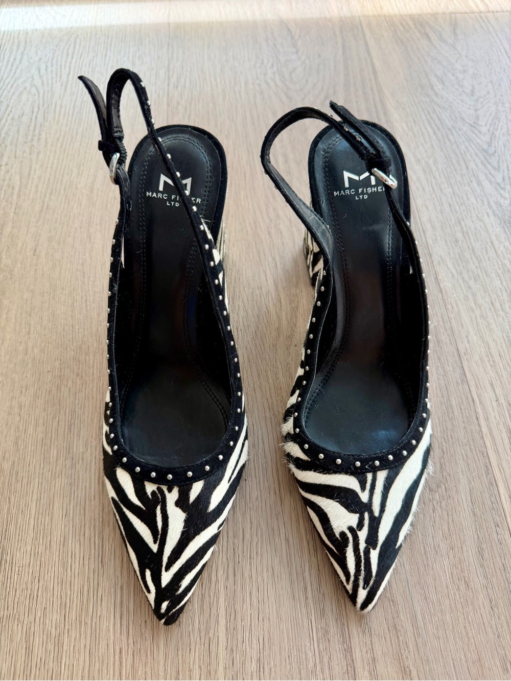 Marc Fisher Black & White Zebra Slingback Pumps with Stud Trim